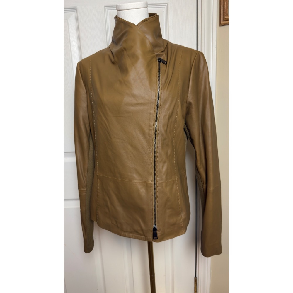 Vince Scuba Moto Jacket Tan Goat Leather Asymmetric Ribbed Knit Trim Women Large